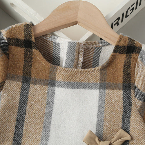 Baby Plaid Pattern Long Sleeve Cotton Dress In Autumn With Hat