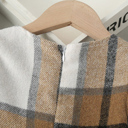 Baby Plaid Pattern Long Sleeve Cotton Dress In Autumn With Hat