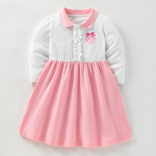 Baby's Bow Embroidered Pattern Polo Neck Dress