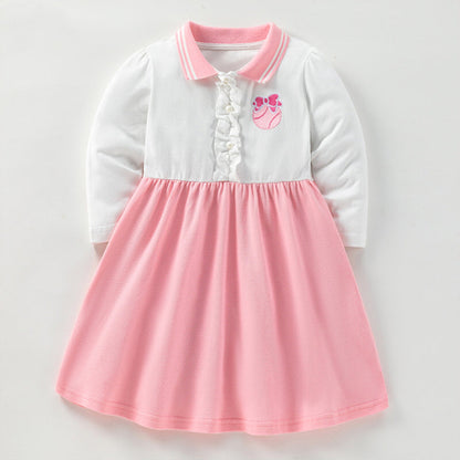 Baby's Bow Embroidered Pattern Polo Neck Dress