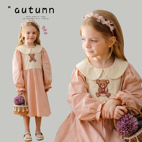 Girls Pink Long Sleeves Dress with Teddy Embroidery